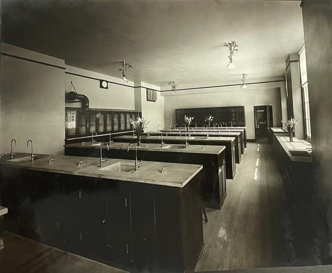 Historic domestic science classroom with rows of sinks and cabinetry