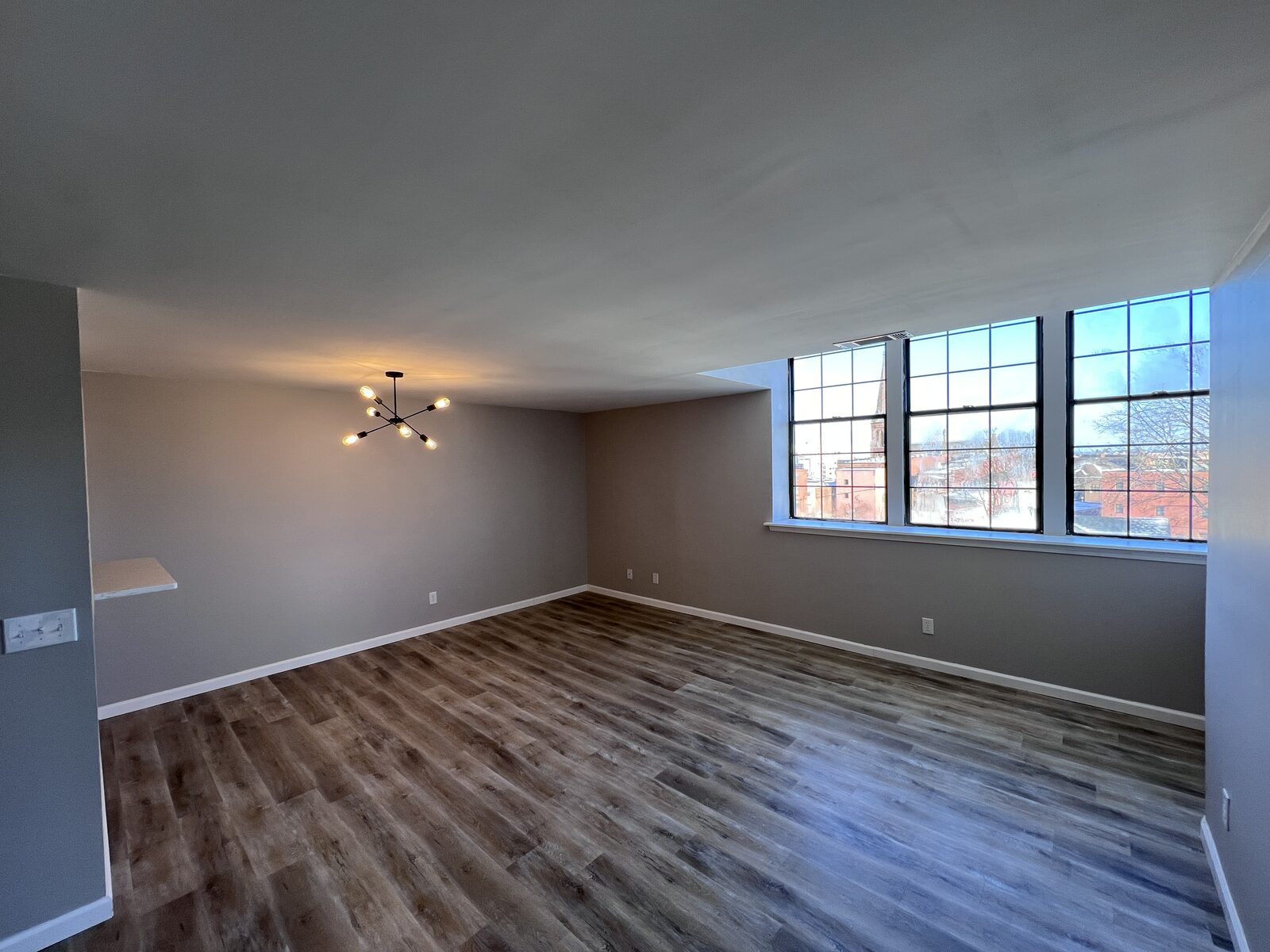 Open living room with wide-plank flooring and a view through to the kitchen