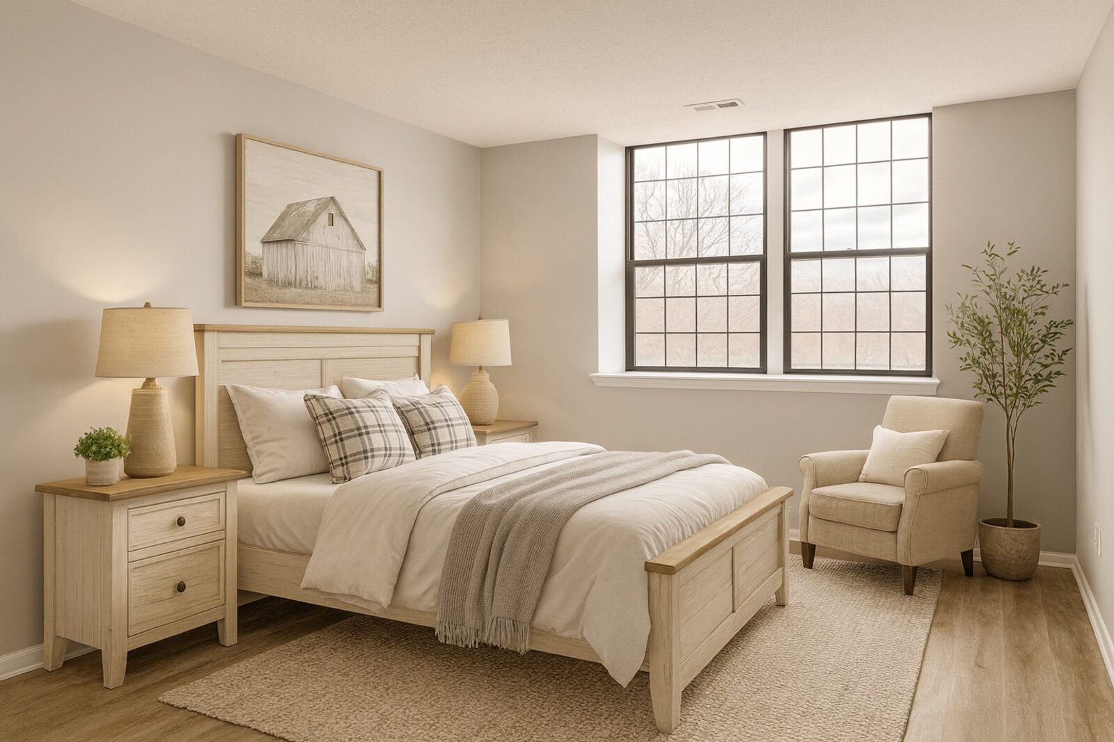 Virtually staged bedroom with furniture, shown for illustrative purposes only